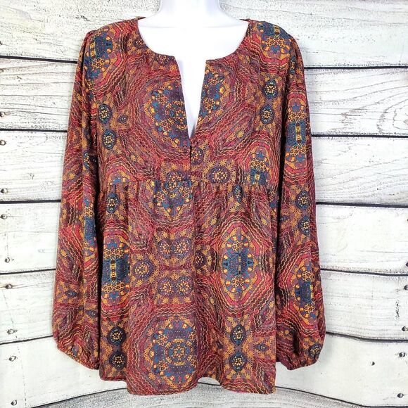 Rokoko by Dozz Boho Geometric Print Long Sleeve Tunic Top Size L Made in USA - Picture 1 of 7